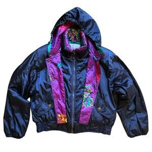 Obermeyer Ski Jacket Navy Purple Floral Ladies 12 Vintage Alpine Snow 80's 90's